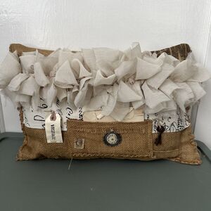 Vintage Burlap Pillow Organza Ruffles  Handwritten Letter Shabby Chic Farmhouse